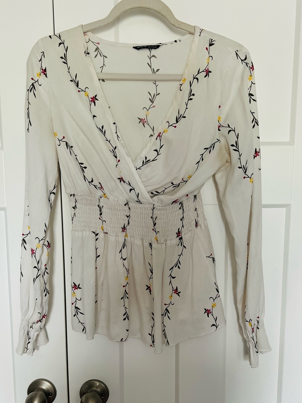 SHEIN Cream Floral Wrap Peplum Blouse